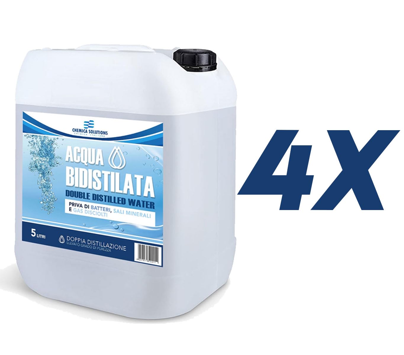 Agua bidestilada pura para uso industrial y clínico, 4 x 5 litros, destilada dos veces, desmineralizada, fabricada en Italia + 4 pares de guantes de regalo