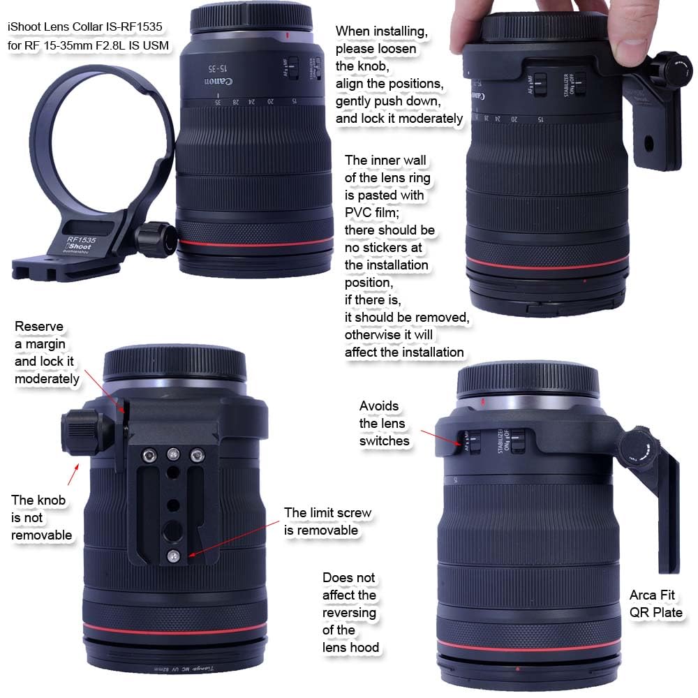 iShoot Bague de fixation pour trépied compatible avec Canon RF 15-35 mm F2.8L IS USM, support d'objectif inférieur Arca-Swiss Fit Plaque à dégagement rapide pour trépied Arca et stabilisateur