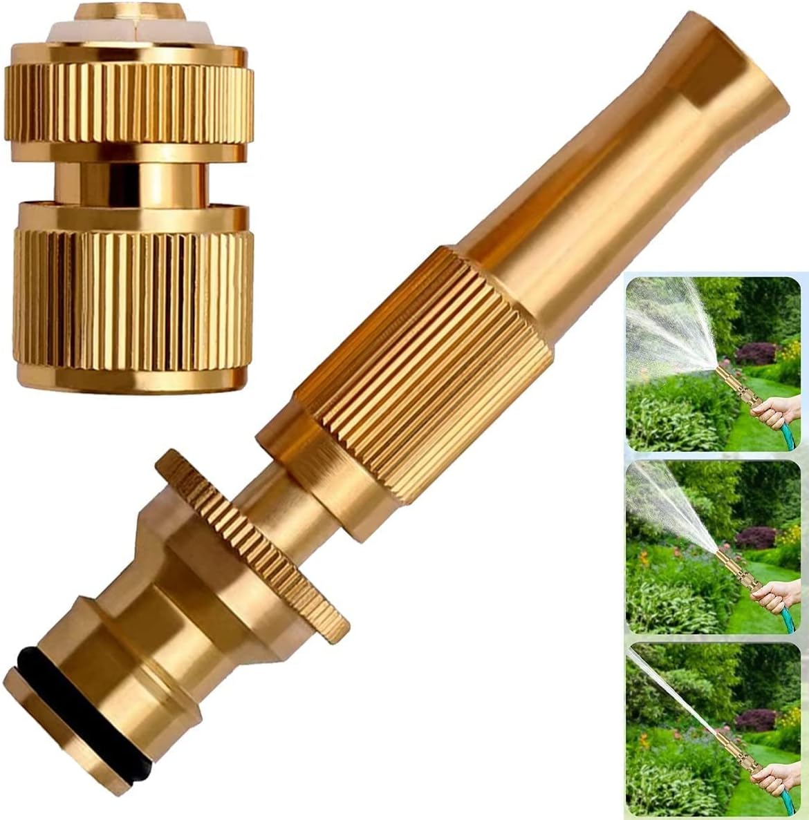 SeCro Adjustable Pure-BRASS Water Spray Nozzle 1/2”, Brass Fitting Set, for Hand Watering Garden Plants Lawn Washing Cars and Showering Pets Fittings.
