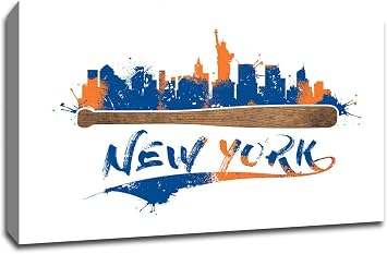 New York Blue and Orange Baseball Bat Skyline Art 24x16 Canvas