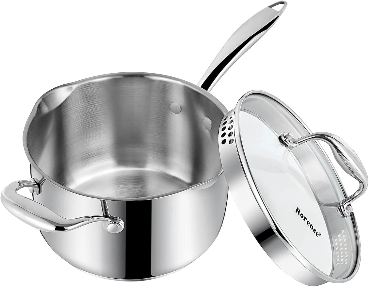 Rorence 3.7 Quart Stainless Steel Induction Sauce Pan with Lid | Stainless Steel Pot Saucepan with Pour Spout & Glass Lid with Strainer