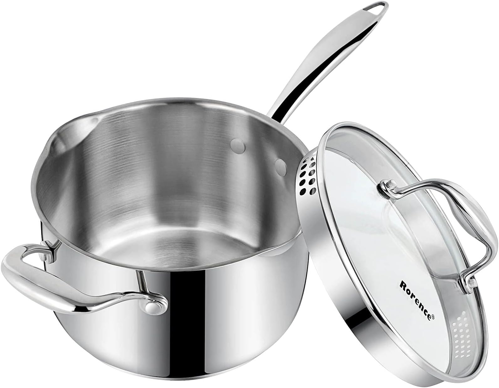 Stainless Steel Saucepan Sauce Pan with Pour Spout & Glass Lid with Strainer - 3.7 Quart