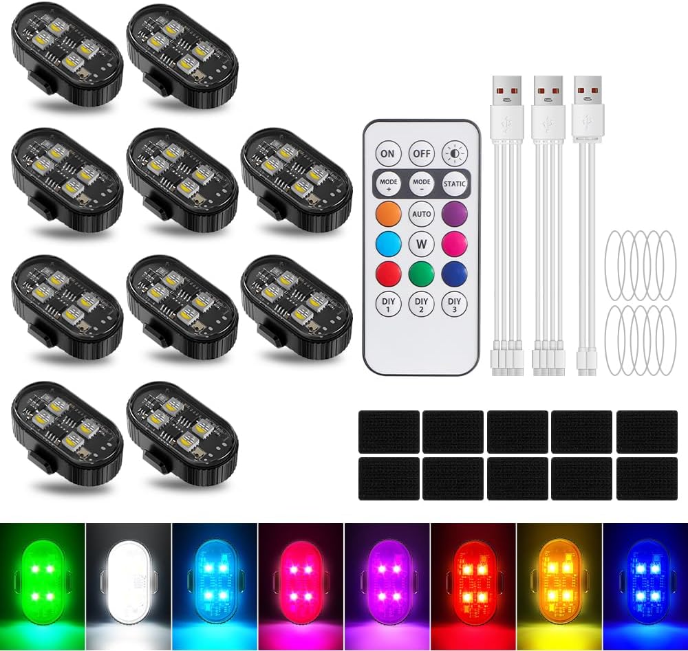 10Pcs Wireless Led Lights for Car with Remote Control, 8 Colors 10 Kind of Lighting Effects USB Rechargeable Anti-Collision Warning Light, High Brightness LED Strobe Lights for Car Drone Aircraft
