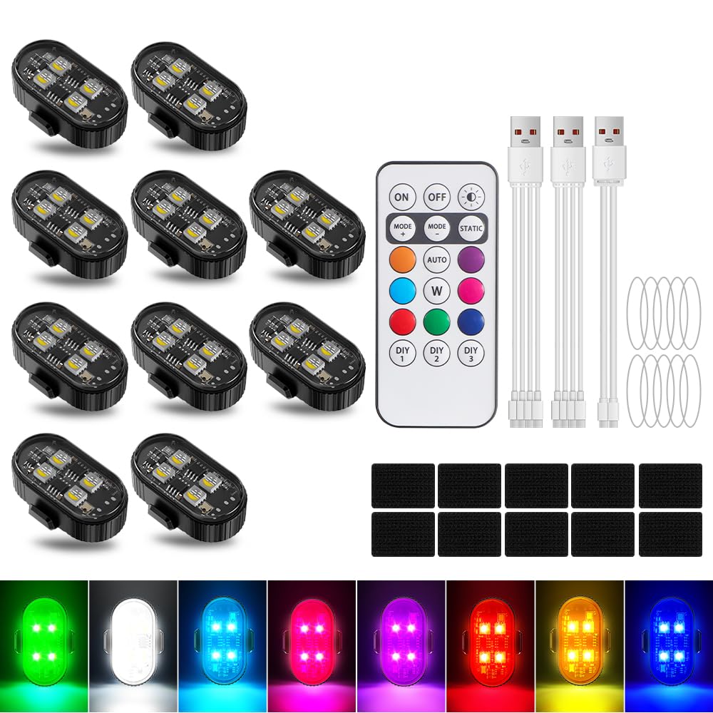 10pcs luci stroboscopiche LED wireless, 8 colori 10 tipi di effetti luminosi ricaricabili tramite USB luci di segnalazione anticollisione luci stroboscopiche LED per biciclette, droni, motociclette