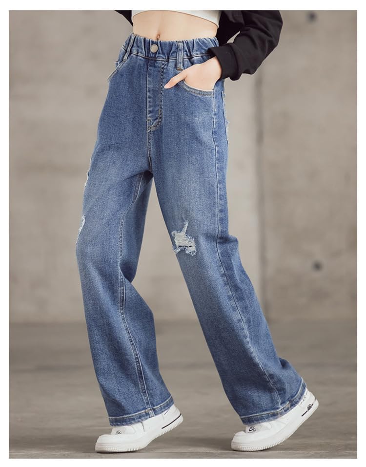 Girls Broken Hole Design Straight Jeans Elastic Waistband Pocket Loose Trousers Casual Sports Soft3