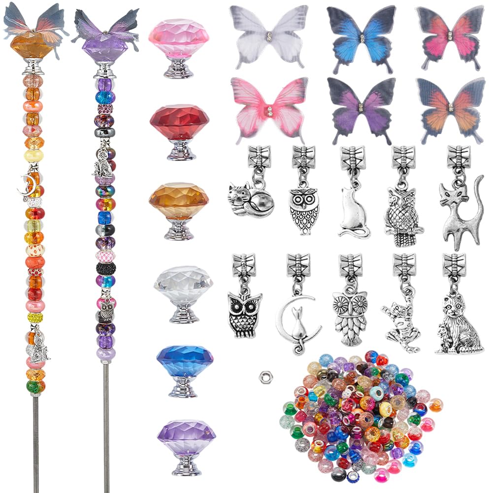 SUNNYCLUE 194Pcs DIY Garden Stake Kits Beaded Garden Stakes Fairy Wands Organza Butterfly Large Hole European Beads Shiny Pendants Fairy Wand Kit for Garden Plant Holiday Indoor Outdoor Decoration