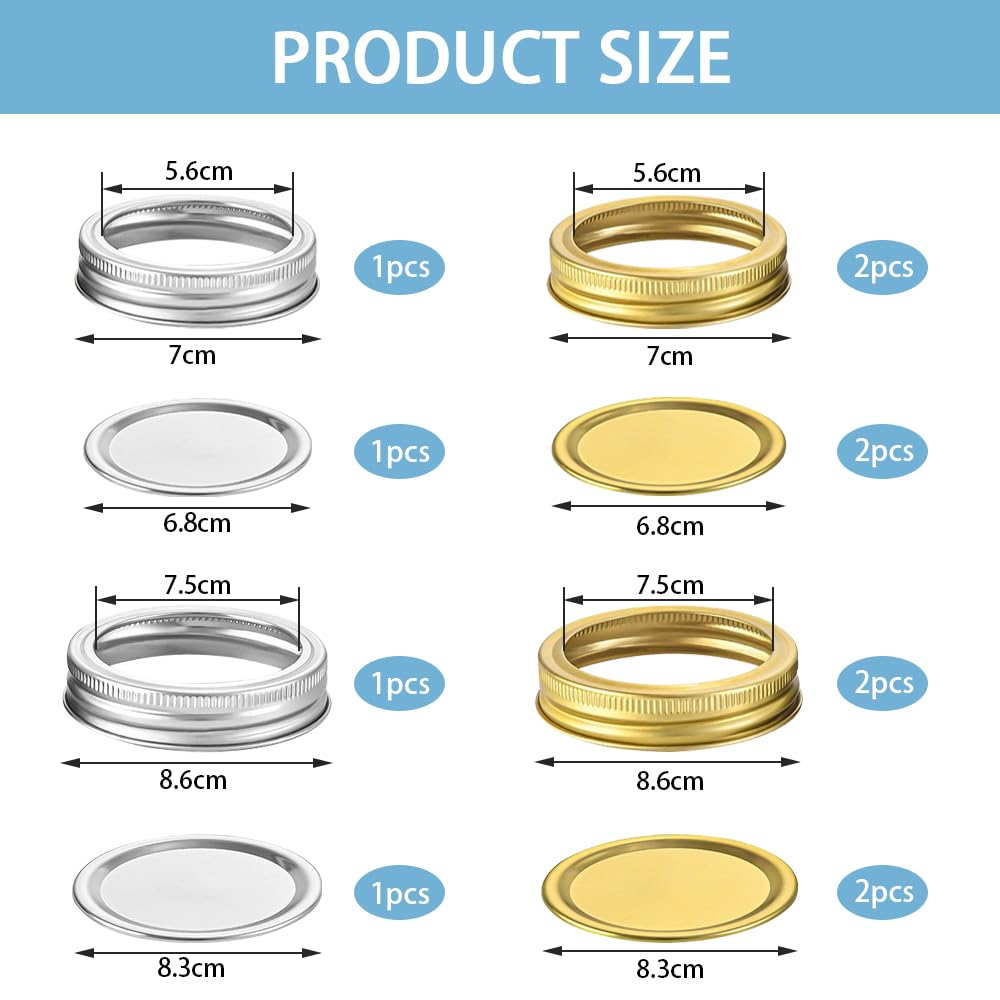 Set Di 12 Coperchi Per Barattoli Divisi In Latta – 2 Misure (6,8 E 8,3 Cm) Oro E Argento, Riutilizzabili E Ermetici Per Marmellate, Spezie E Sottaceti