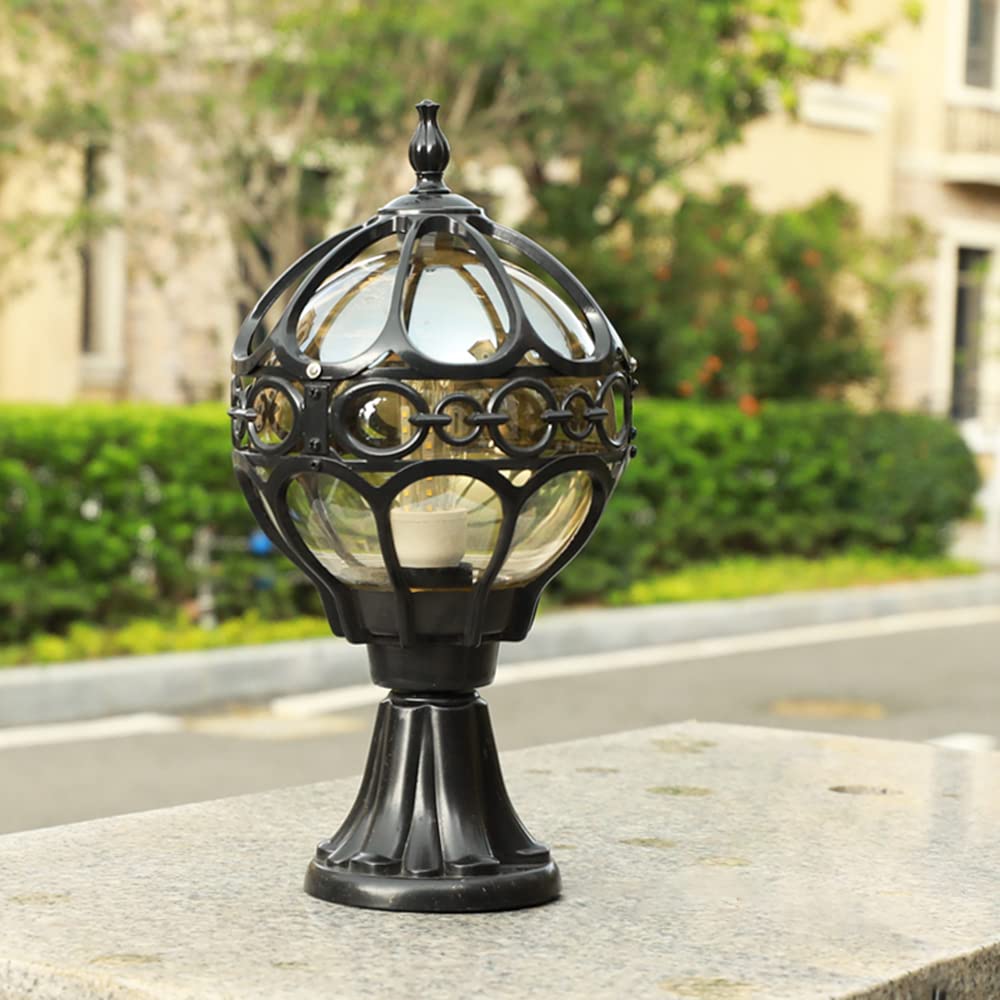 Luces de columna al aire libre de estilo europeo Lámpara de base rústica en cristal antiguo IP23 impermeable E27 jardín columna lámpara de aluminio globo paisaje iluminación (Black)