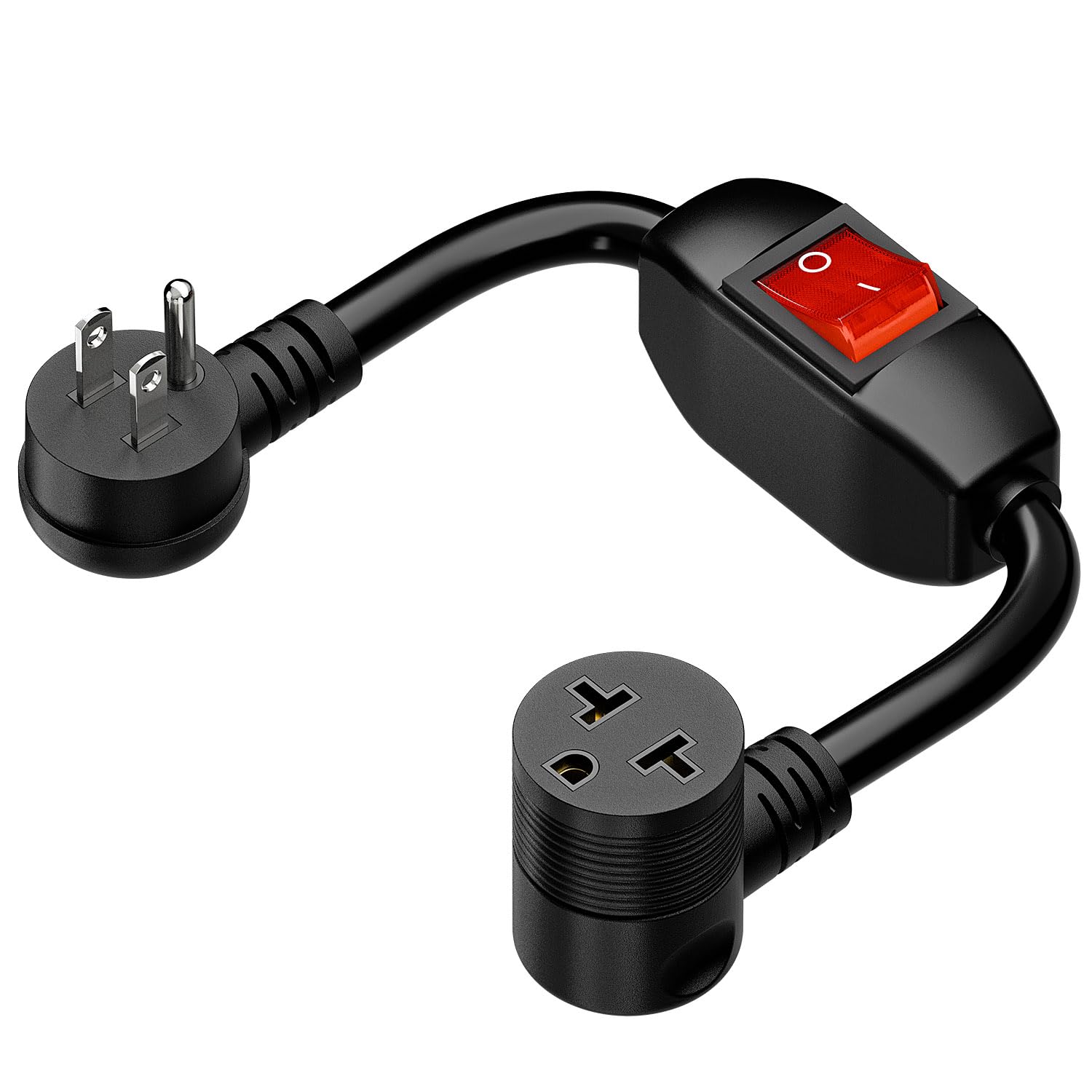 Angled Four-in-One Heavy Duty Inline On/Off Switch Extension Cord 12-AWG 15A Household Plug to 20A T Blade Adapter Cable with Heavy Duty 20A 125V Inline Switch, L=1FT