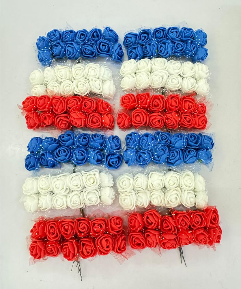 144pcs Mini Artificial Rose Flower Heads and Soft Stem,25mm PE Tiny Rose add Gauze for DIY Wedding Make Bridal Hair Clips,Cake Top,Wrist Corsage Boutonniere,Wreath Bracelet Flower (Red Blue White)