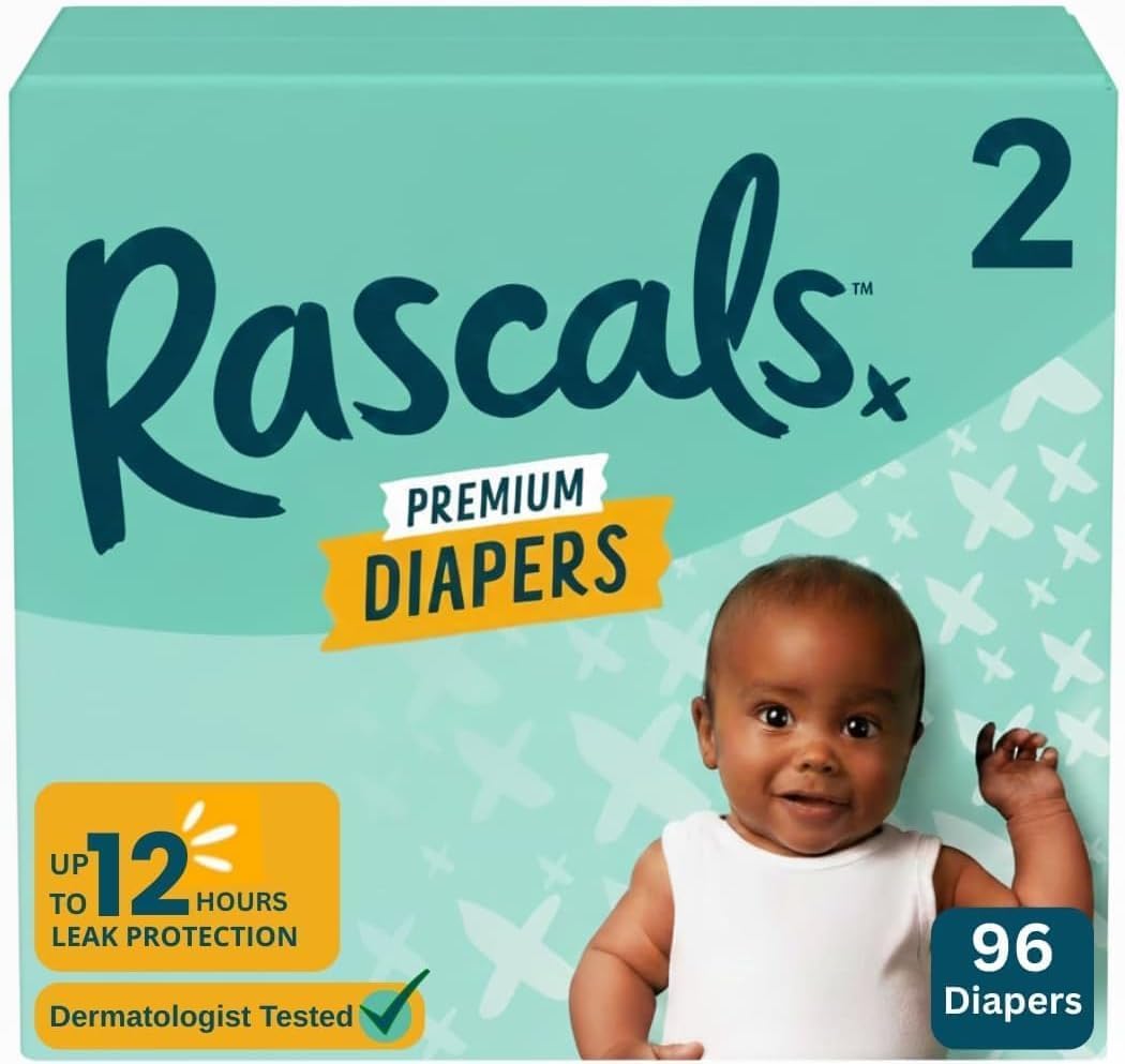 Rascal Premium Baby Diapers Size 2, 96 Count, Hypoallergenic & Chlorine-Free