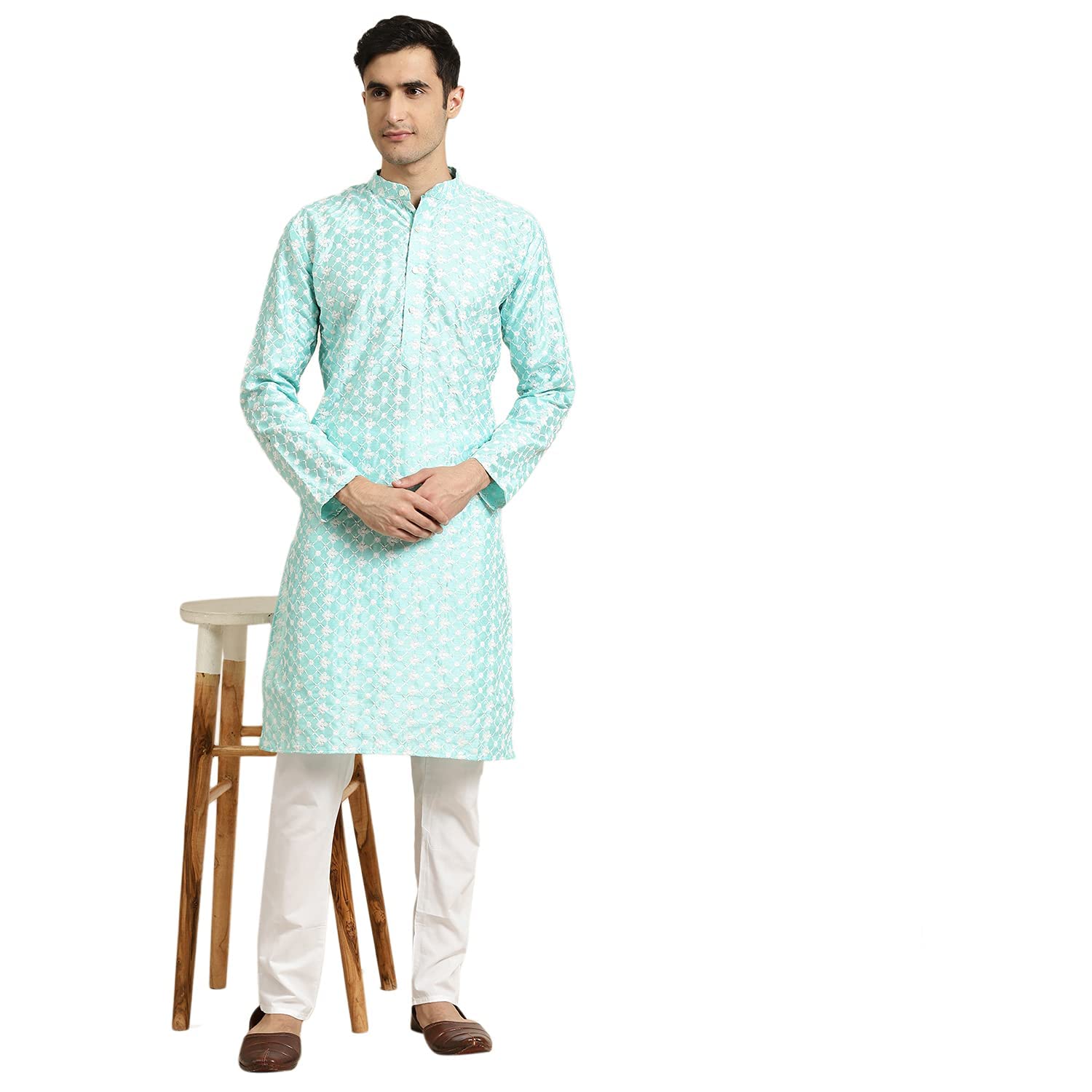 sojanya (Since 1958 Men's Silk Blend Embroidered Kurta & White Churidar Pyjama Set-picture-45