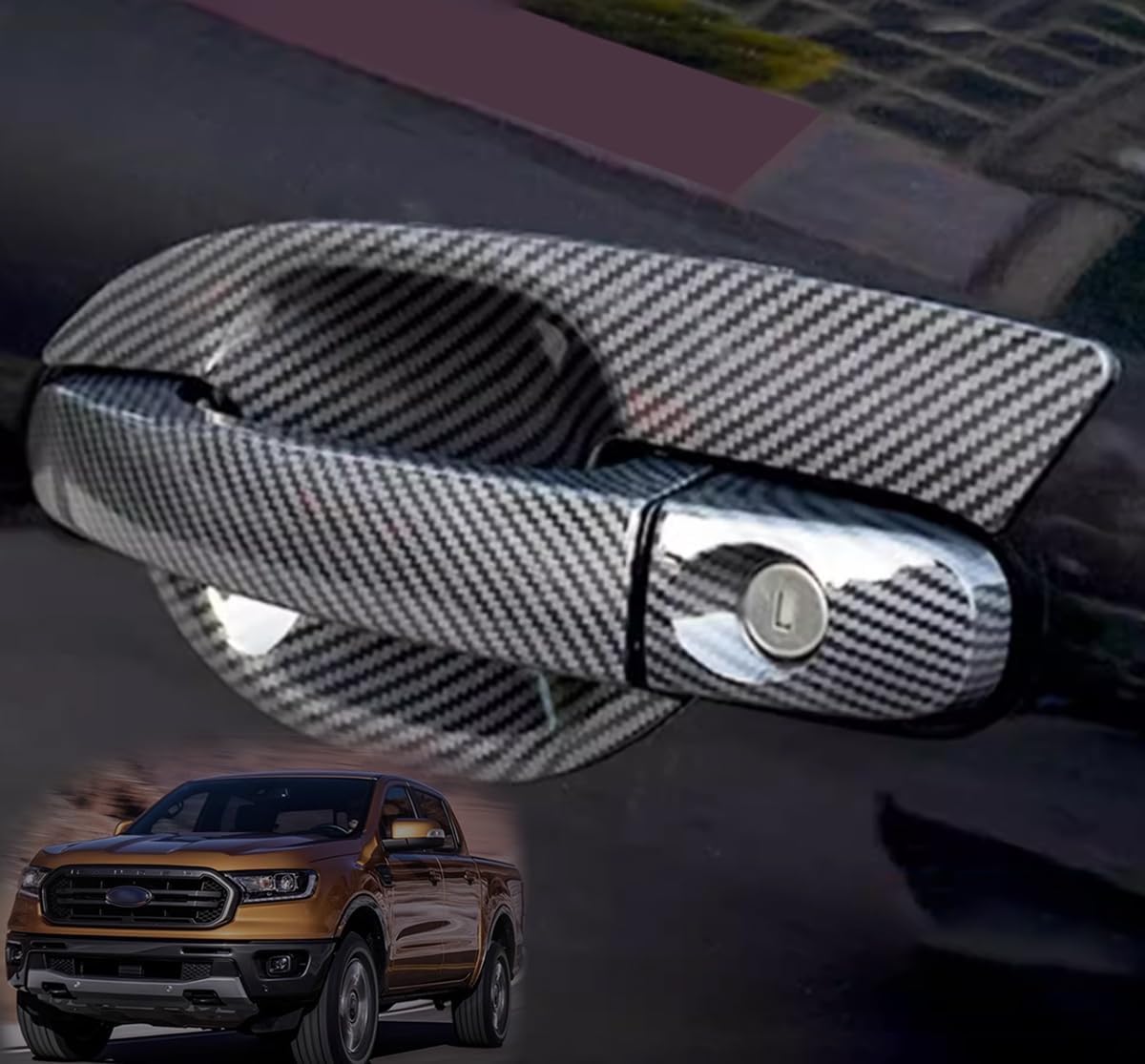 Car Accessories Fit for Ford Ranger 2015-2021 Exterior Door Handle Bowl Cover Trim (Carbon Fiber Style) ABS 4 PCS