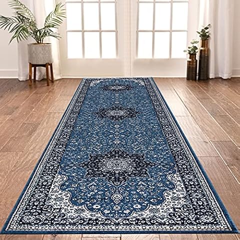 Shop Direct 24 Door Mat Indoor, Vintage Classical Pattern Non Slip Backing Washable Runner Rug Mats Front Door Entrance Carpet Runner Small Floor Mat - 60 X 110 Cm - Rome Blue Cover