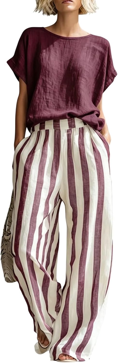 Striped Cotton Linen 2 Piece Outfits Casual Loose Fit for Women, Summer Matching Set with Top and Wide Leg Pants