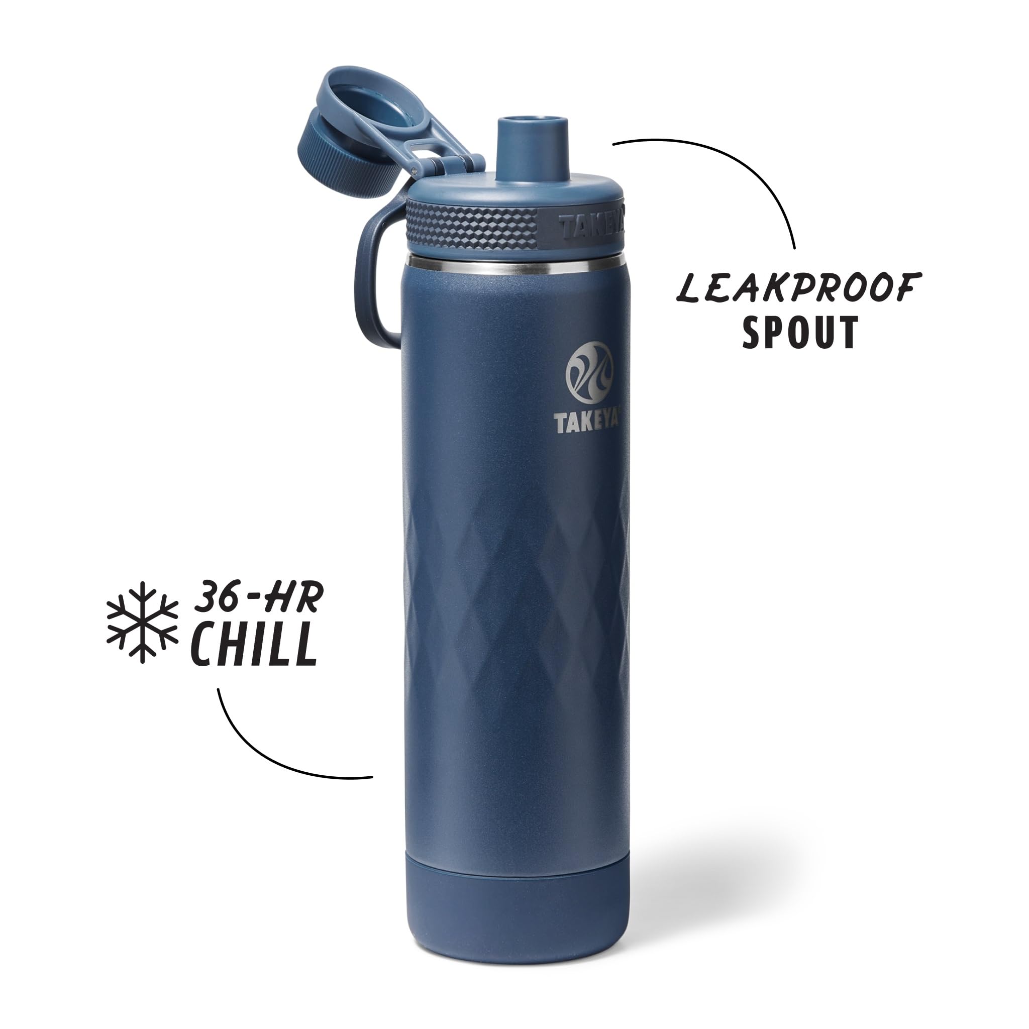 Takeya Sport 3-isolierte Edelstahl-Wasserflasche, auslaufsicher, schweißfest, BPA-frei, hält Getränke 36 Stunden kalt, 14 Stunden heiß, Indigo