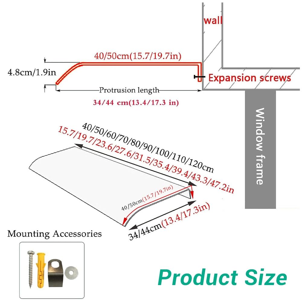 Auvent De Porte Marquise De Porte D'Entrée en Polycarbonate Transparent | Toit Abri Solaire Protection 40/80/100/120/200cm Auvent Voûté De Fenêtres Extérieur De Terrasse(50x170cm/20"x67")