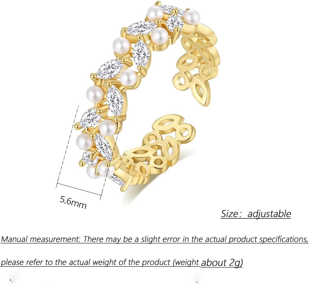 Adjustable Cubic Zirconia Pearl Finger Rings for Women Gold,Leaf Stackbale Ring. - Image 2