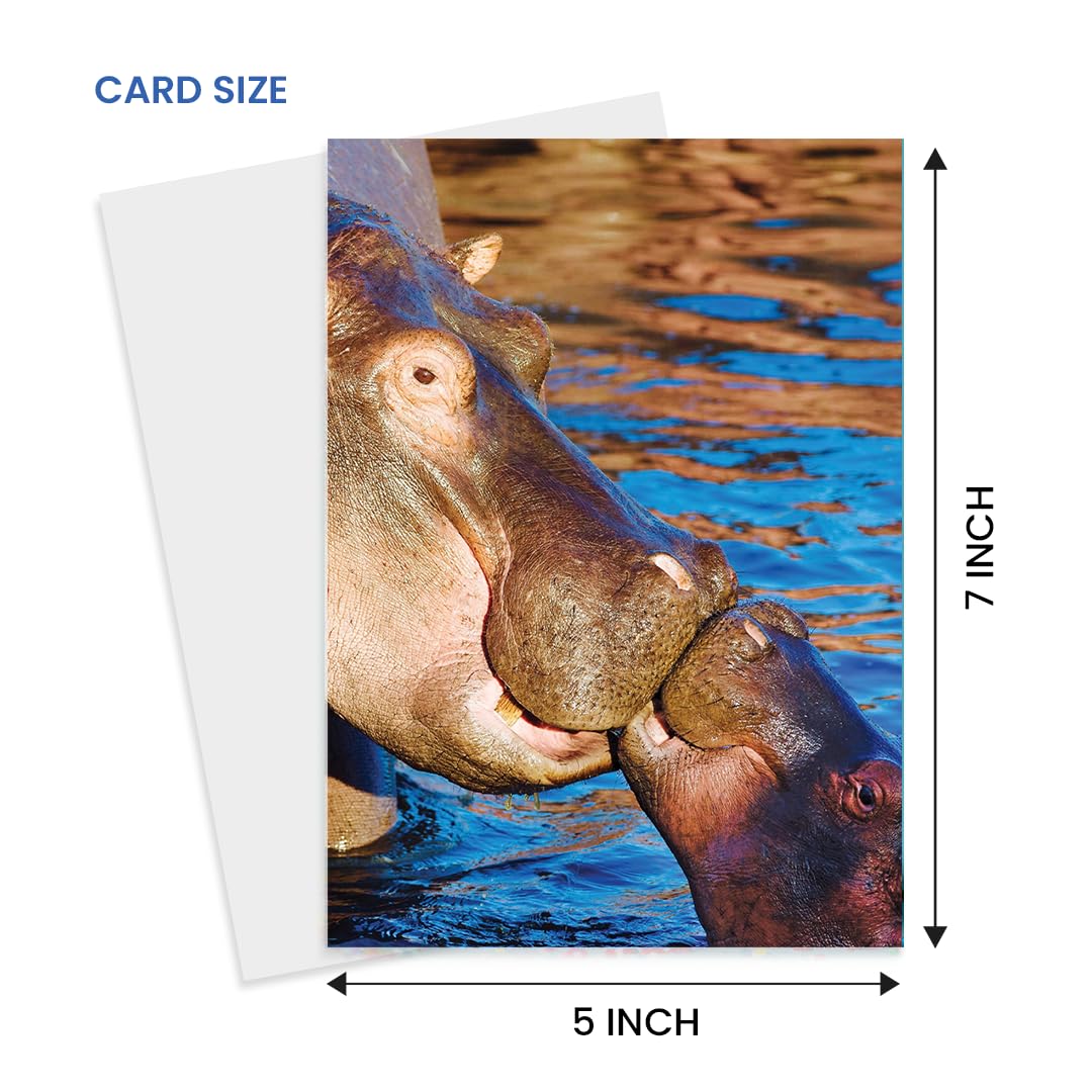 Adorable tarjeta de felicitación de hipopótamo, interior en blanco, perfecta para cumpleaños, amistad, amor y cualquier ocasión, día de la madre, temática de naturaleza animal, tamaño
