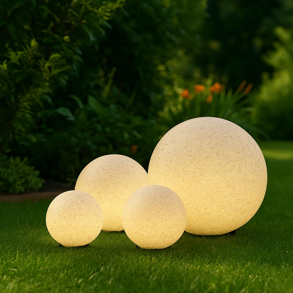 JungesLicht Marmo IP65 Kugelleuchte für Garten mit E27 Sockel Kugel Außenleuchte Naturstein Optik Granit Dekoleuchte Gartenleuchte Stein Gartenkugel Stone Erdspieß 230V 2,5M Kabel (Durchmesser ⌀ 25cm)