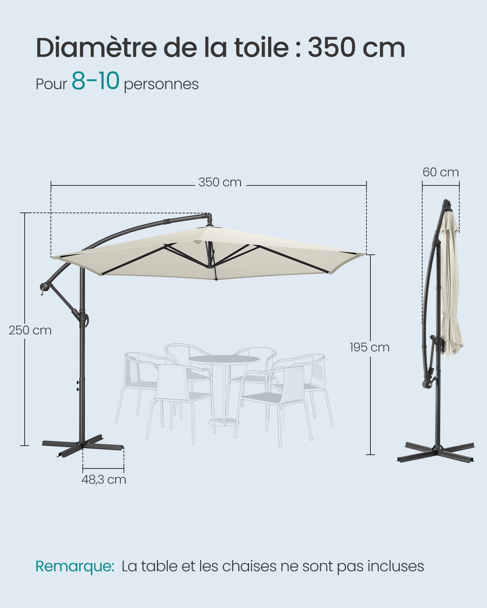 SONGMICS Parasol Déporté, Socle en Croix, Ombrelle, Protection UPF 50+, Manivelle d'Ouverture et de Fermeture, Jardin, Terrasse, Piscine, Plage