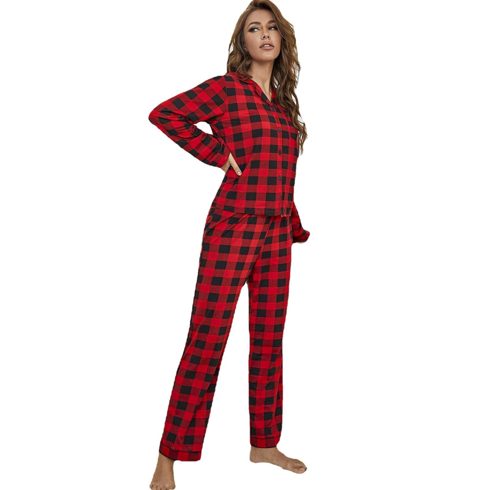 Siatka Loungewear damskie zestawy piżam z długim rękawem, bielizna nocna, miękkie zestawy piżamowe, ultramiękkie, wygodne, dwuczęściowe, czerwone, S (60 kg/165 cm)