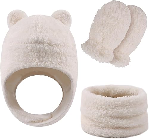 Conjunto de gorro, bufanda y guantes de forro polar para bebé, gorro de invierno con orejeras para niños pequeños, bufandas y guantes cálidos para