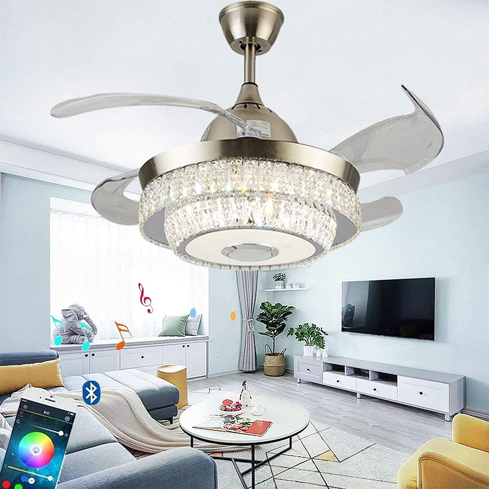 Saffbei 42 Inch Smart Fandeliers Ceiling Fan with Bluetooth, Dimmable 7 Color Changes Retractable LED Crystal Chandelier with Fan Remote Control Ceiling Lighting Fixtures for Bedroom/Living Room