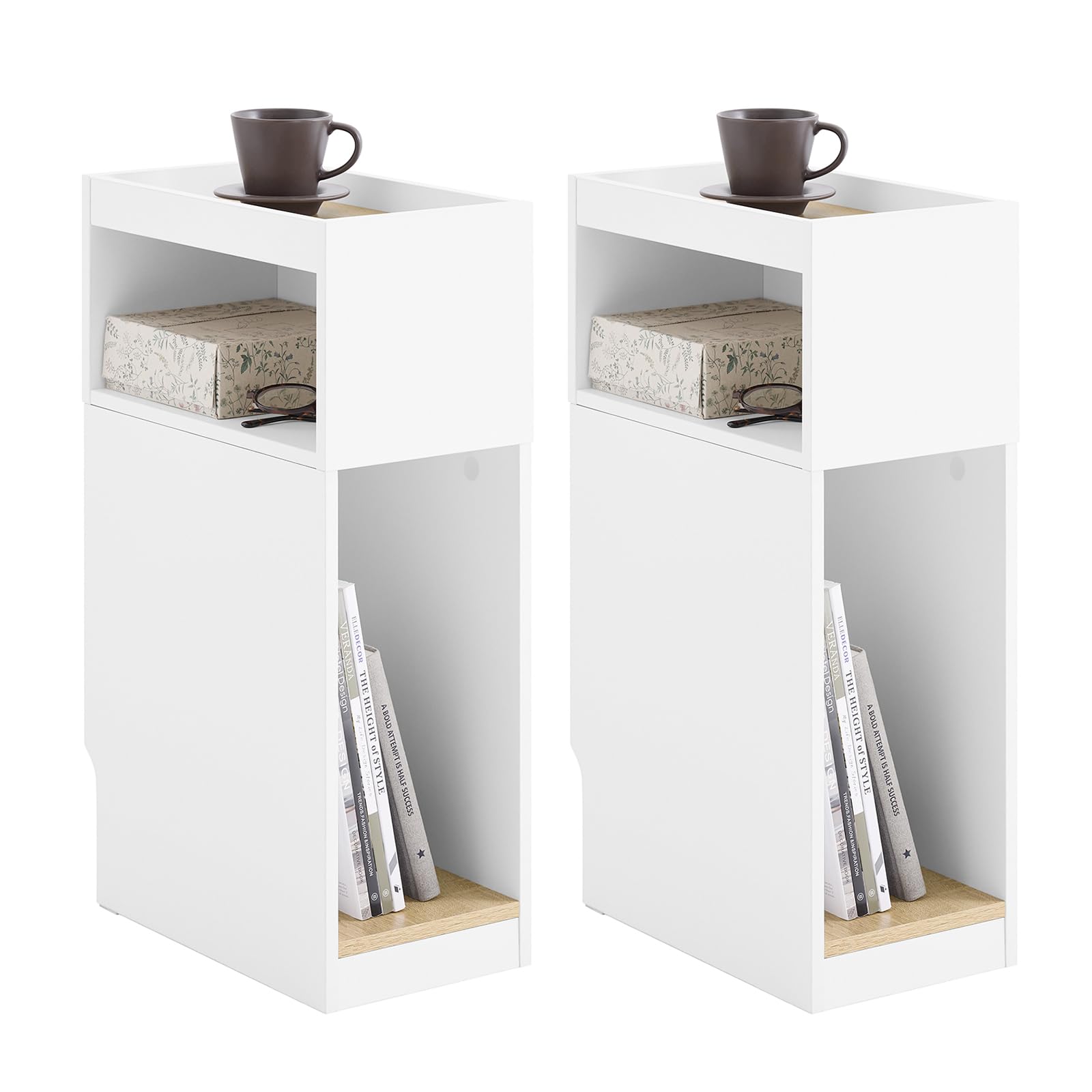 SoBuy Set de 2 mesas auxiliares estrechas con cajón, 20x35x60cm salón | Mesita de noche compacta con almacenamiento, diseño ahorraespacio para dormitorio y sofá, blanco, FBT171-WNx2
