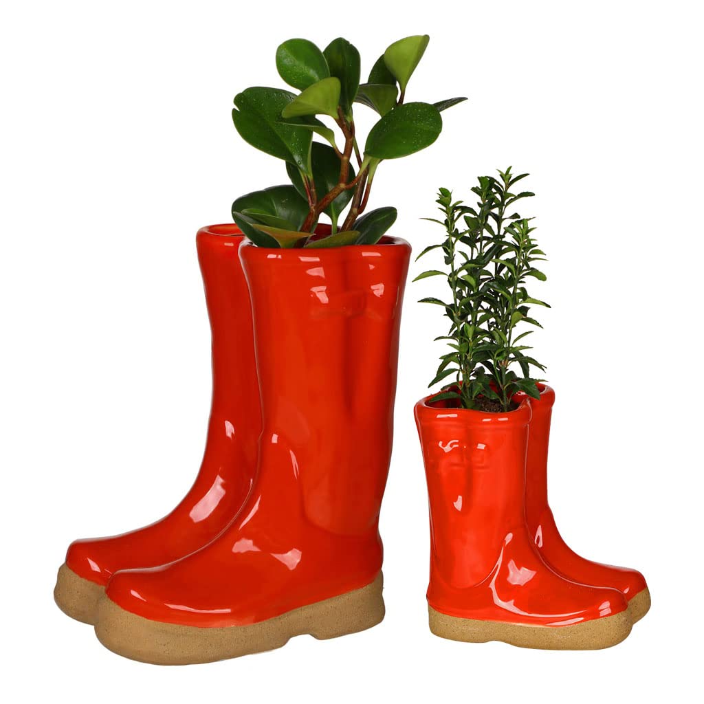 Dibor Set of 2 Flower Pot Planters - Small & Large Wellington Boot Plant Pot Fathers Day Garden Gift Set (Red) โ image 1