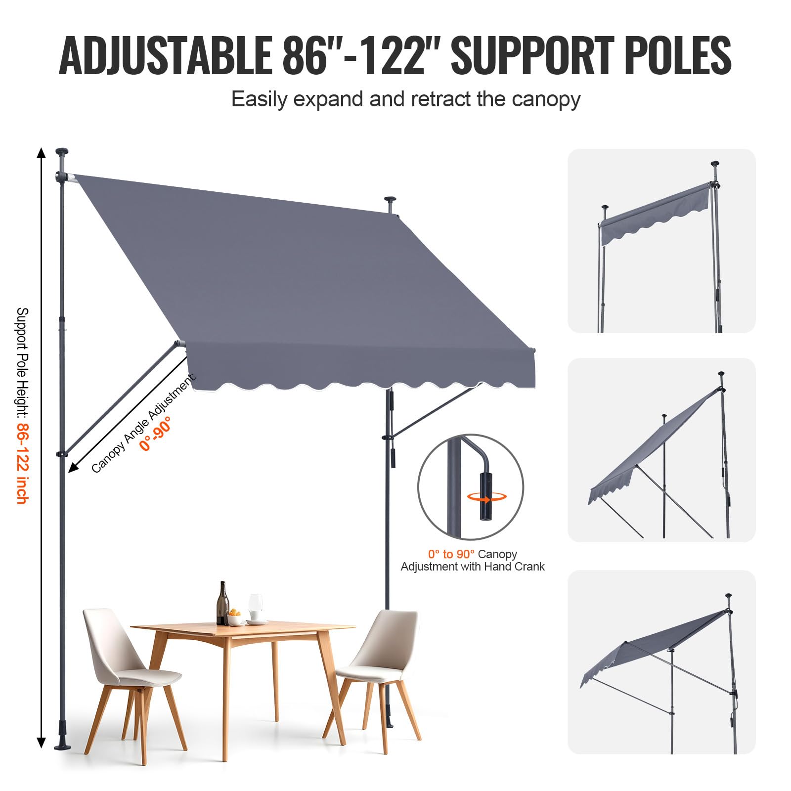 VEVOR Tenda da Terra Retrattile 250 x 120 cm Tenda Manuale con Manovella, Altezza Regolabile 218-310 cm Tenda da Sole per Balcone Esterno Resistente ai Raggi UV, per Terrazza/Balcone/Cortile, Grigio