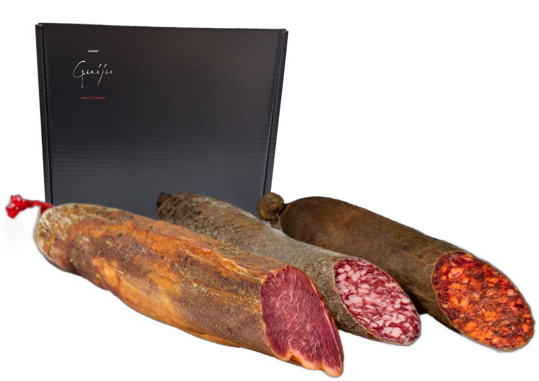 Lote ibérico: lomo ibérico de cebo + chorizo ibérico de bellota + salchichón ibérico de bellota. Medias piezas.Guiju.España-Regalo navidad