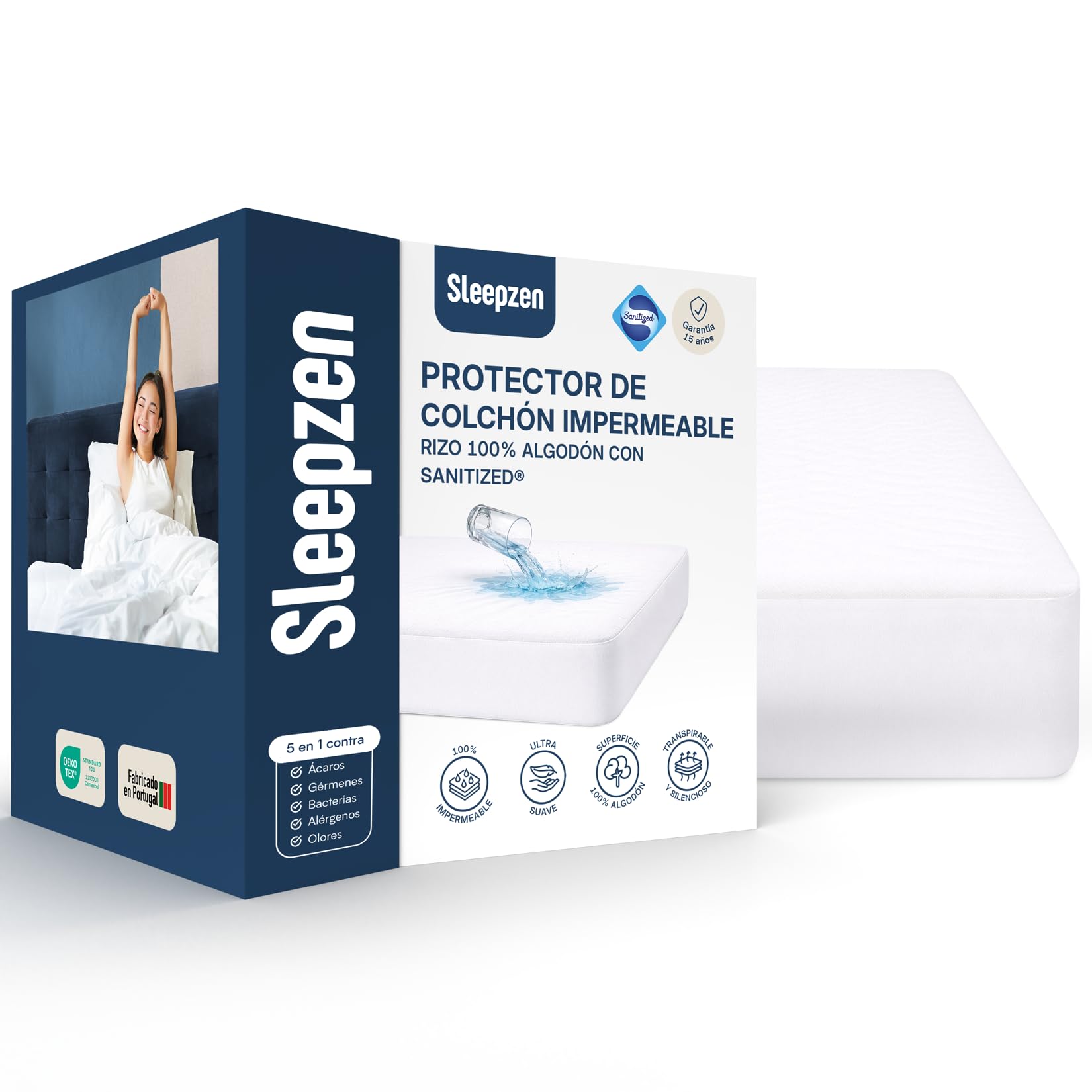 SLEEPZEN Protector de Colchón 150 x 200 cm Impermeable, Certificado Oeko-Tex®, Transpirable, Silencioso, Hipoalergénico, Algodón, Funda Colchòn 150 x 200, Forma de Sábana Bajera