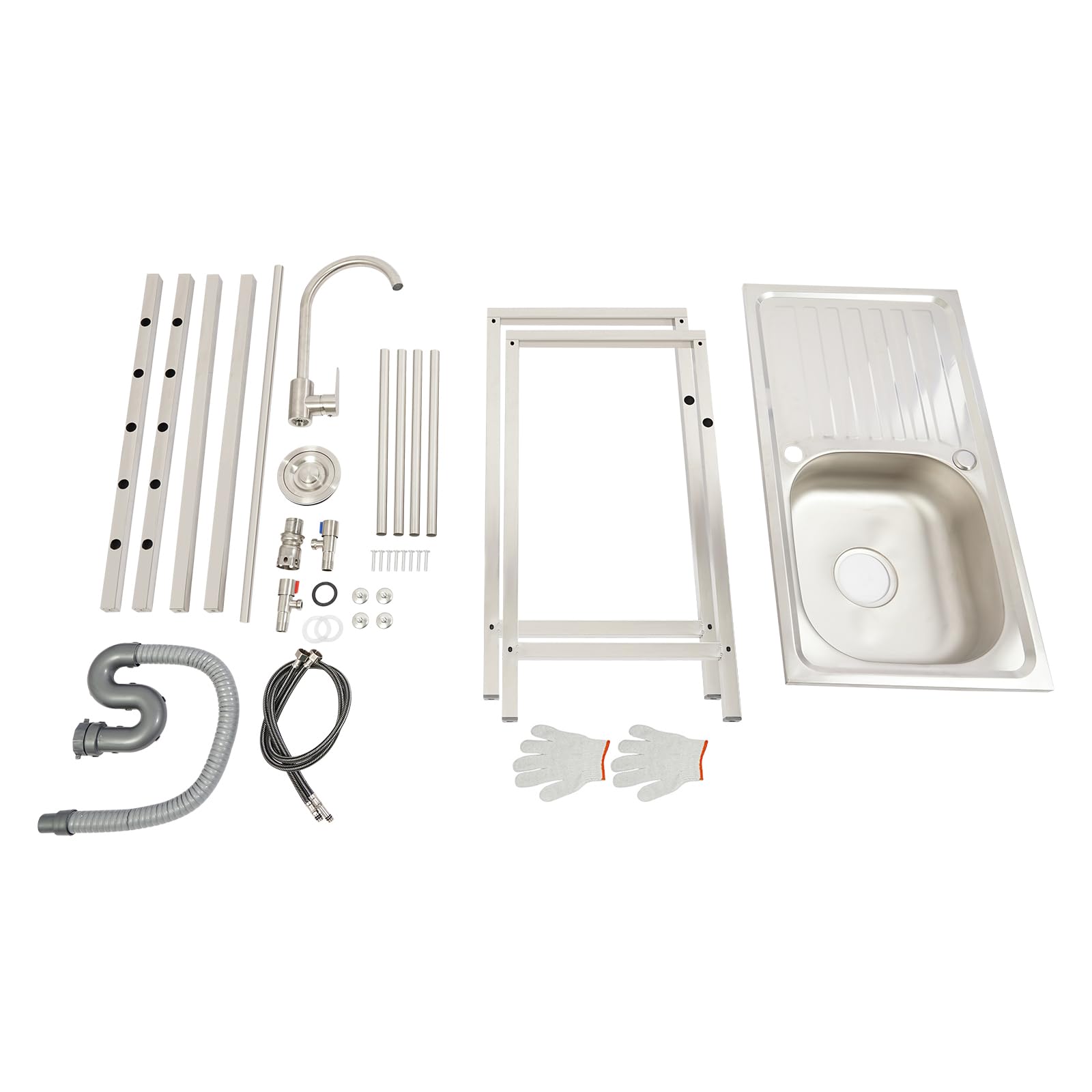 Lavabo autoportant en acier inoxydable, établi, station de lavabo, évier de cuisine simple avec robinet 360°, tuyaux d'eau froide, tuyaux d'eau chaude 75 x 40 x 75 cm