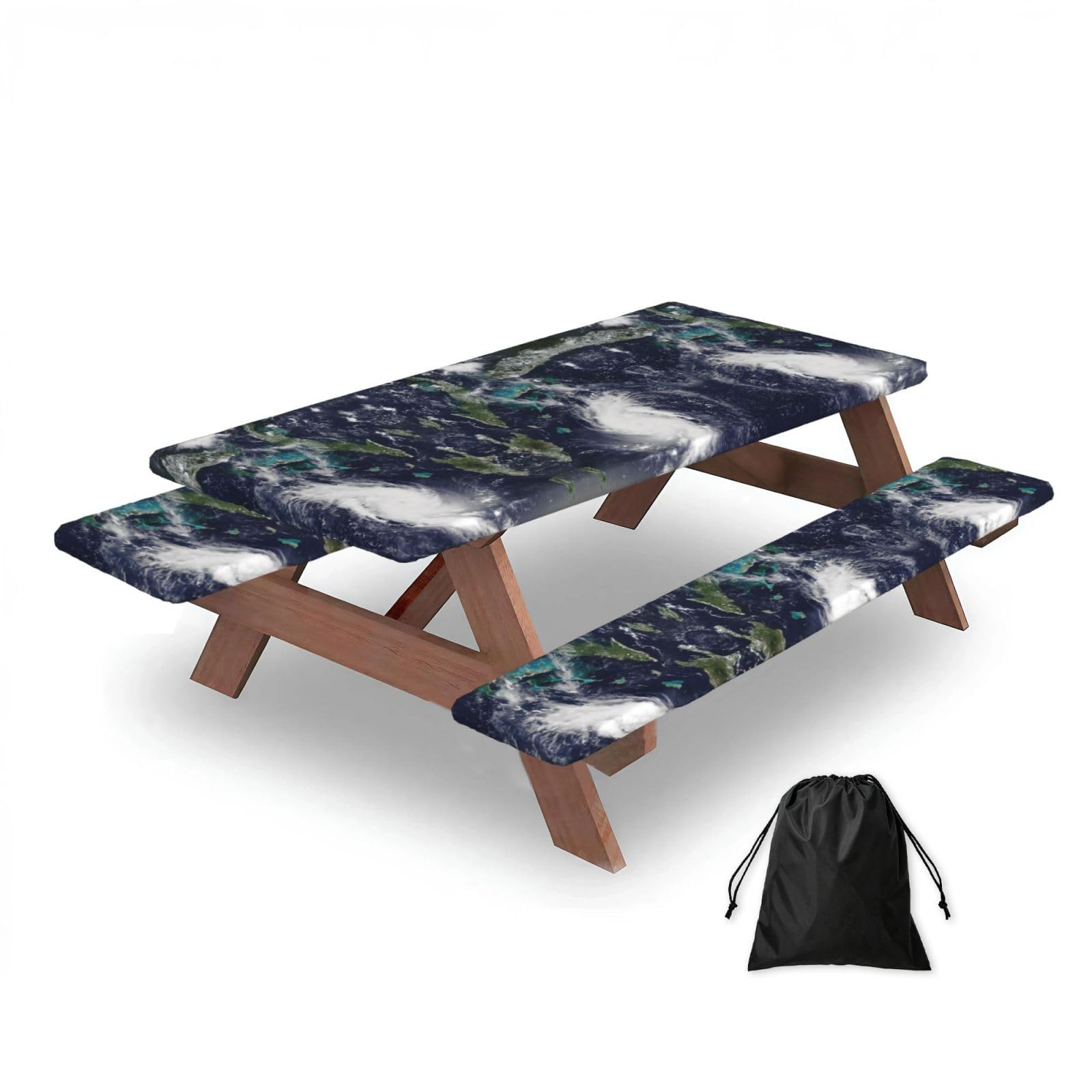 ESNAIUVCD Sea Print Picnic Table Cover With Bench Covers,Camping Essentials,Fitted Tablecloth Cover With Elastic Edge, For Indoor & Outdoor 3 Pcs