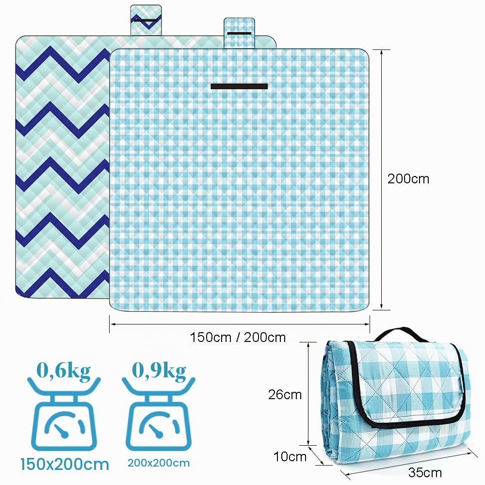 Manta y Picnic Impermeable Lavable, Alfombra Playa Plegable Antiarena, Mantel Picnic Grueso Tela Oxford Antihumedad Ligero Algodón Familiar (200x200, onda)