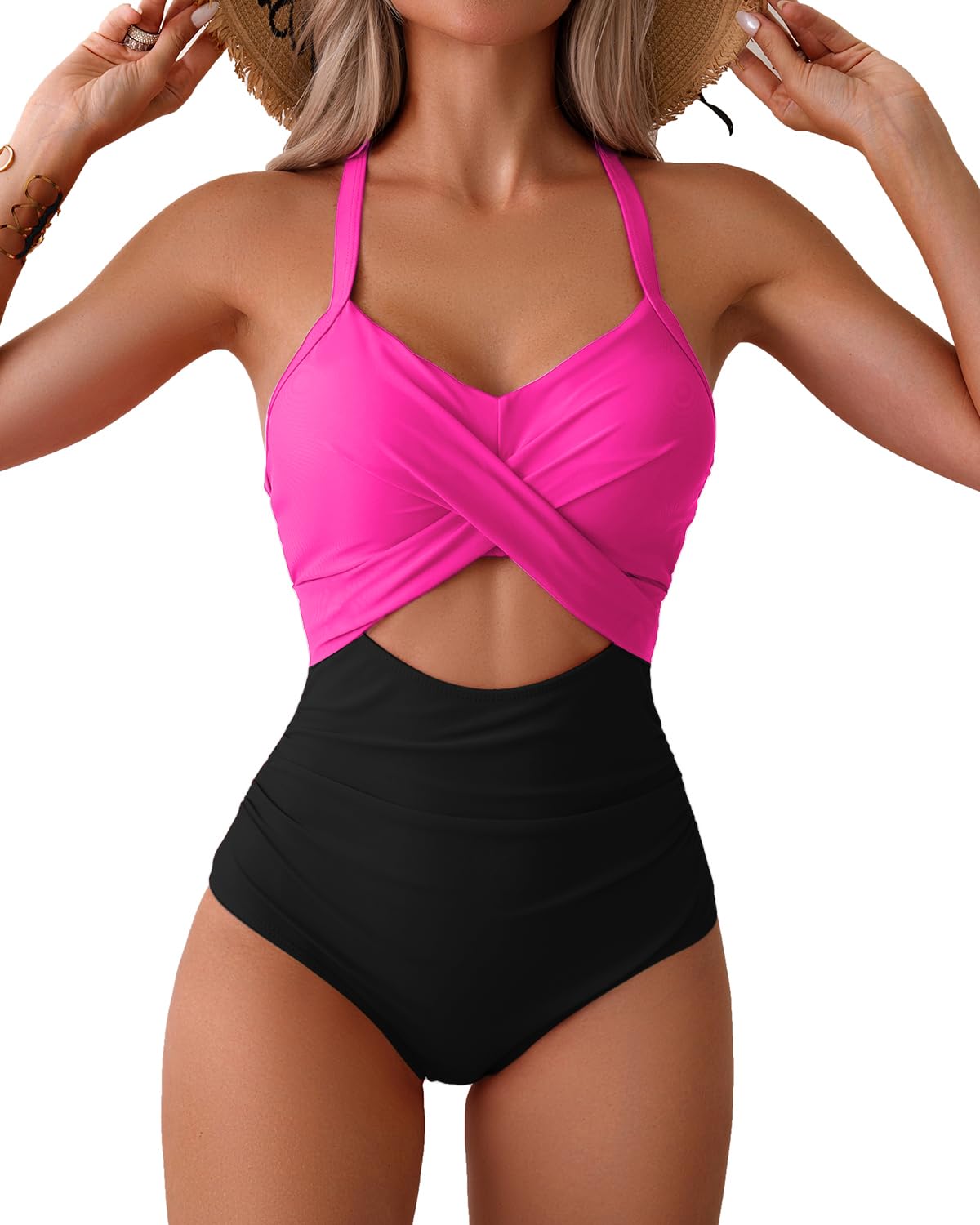 Limeeke Women Cutout One Piece Swimsuit Tummy Control High Waisted Swimwear Wrap Tie Back Bathing Suit Rose Black XL