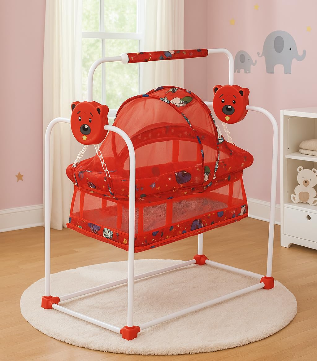 FLIPZON Premium New Born Baby Cradle with Swing & Mosquito Net | 0-13 Months | Wheels | Safety Belt with Lock | Sturdy & Safe | Polypropylene/Mild Steel | J1-Red
