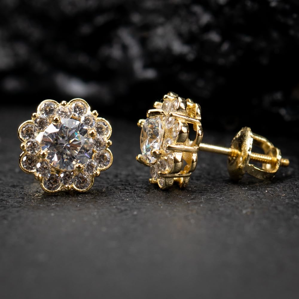 Small Brilliant 925 Sterling Silver 14K Yellow Gold Plated Flower Cluster Round Halo Unisex Iced Cz Hip Hop Hypoallergenic Men's Women's Circle Screw Back Cubic Zirconia Stud Earrings - Image 5