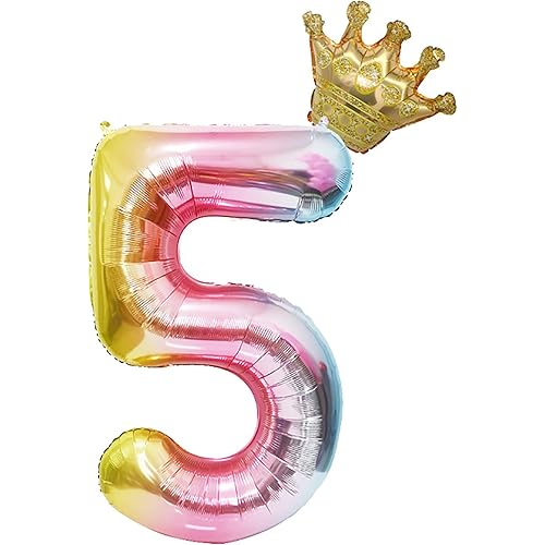 Falliny 40 Inch Rainbow Number 5 Balloons with Detachable Crown Foil Helium Digital Colorful Party Birthday Decorations for Birthday Party,Wedding, Bridal Shower Engagement Photo Shoot, Anniversary