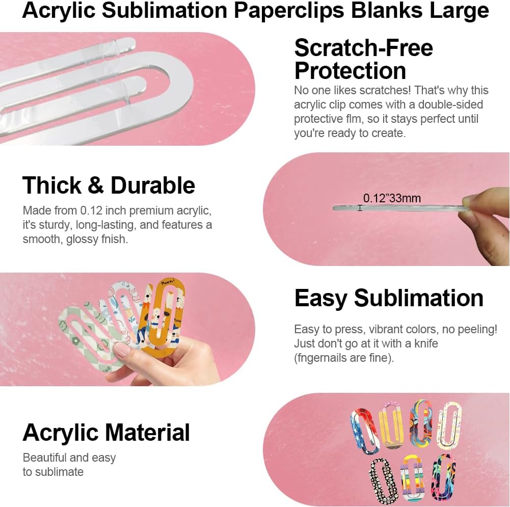 24 PCS Sublimation Paper Clips Blanks Bulk, 4" x 2" Clear Jumbo Paper Clips for Heat Transfer DIY Design, Acrylic Sublimation Clipboard Blanks for Crafts, Gifts, Home, Office, School Use