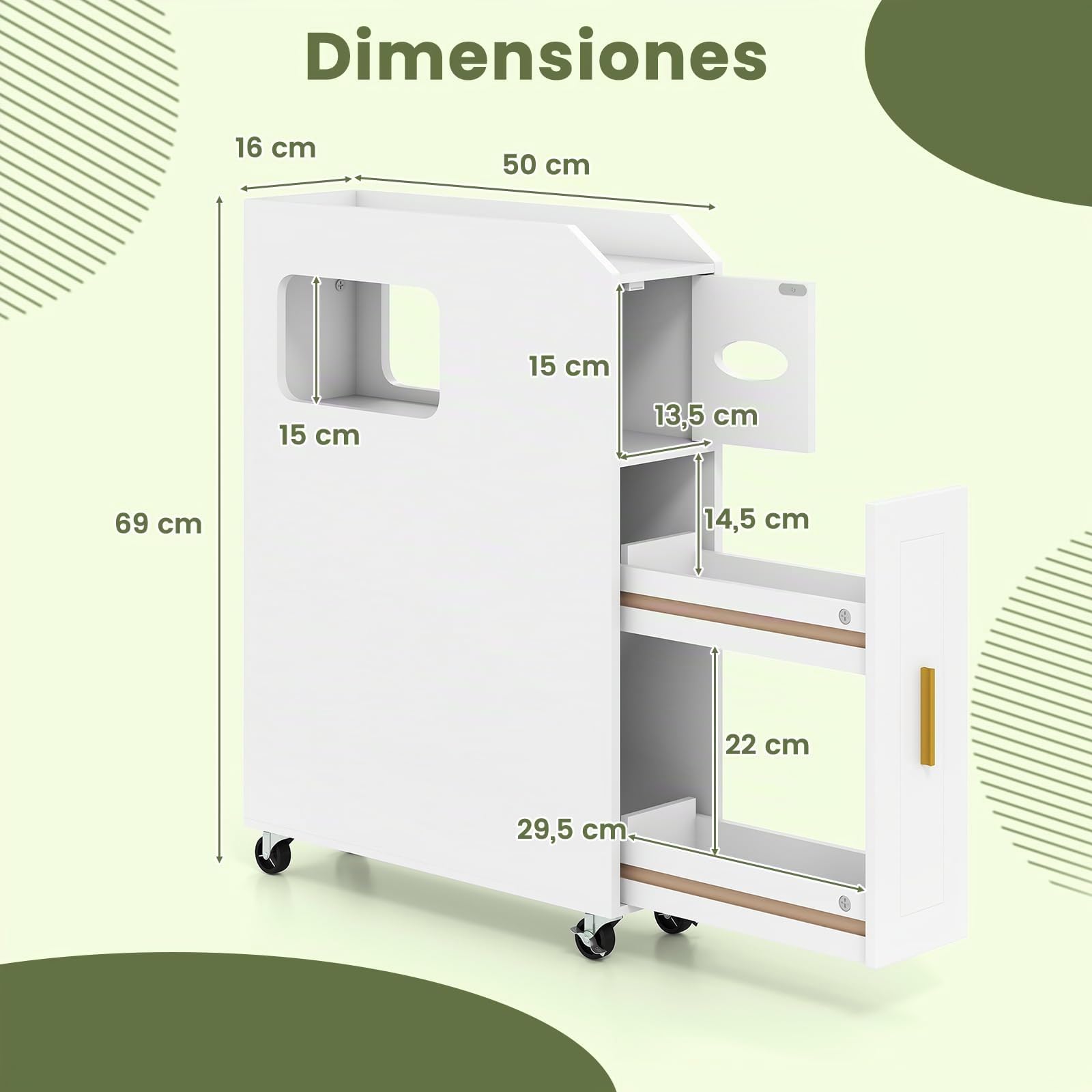 GOPLUS Armario de Baño Delgado de 16cm, Carro de Almacenamiento rodante con Soporte para Papel y Cepillo, Cajón Deslizable, 2 Ruedas Bloqueables, Organizador Que Ahorra Espacio (Blanco)