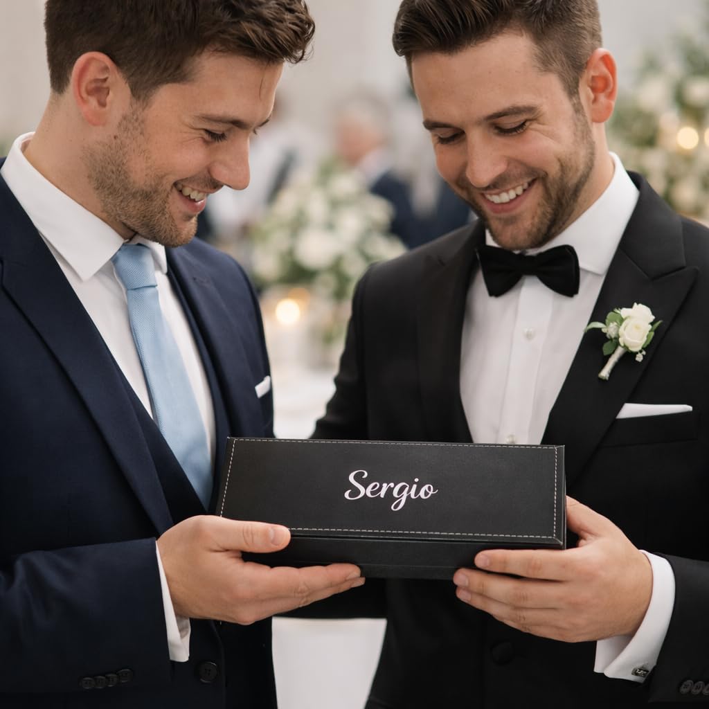Pack 10 Bolígrafos Personalizados con Nombre – Caja Negra Efecto Cuero | Regalo Invitados Comunión, Boda o Bautizo | 2 BolígrafoS EleganteS Tinta Azul | Detalle para Profesor, Padrino, Testigo
