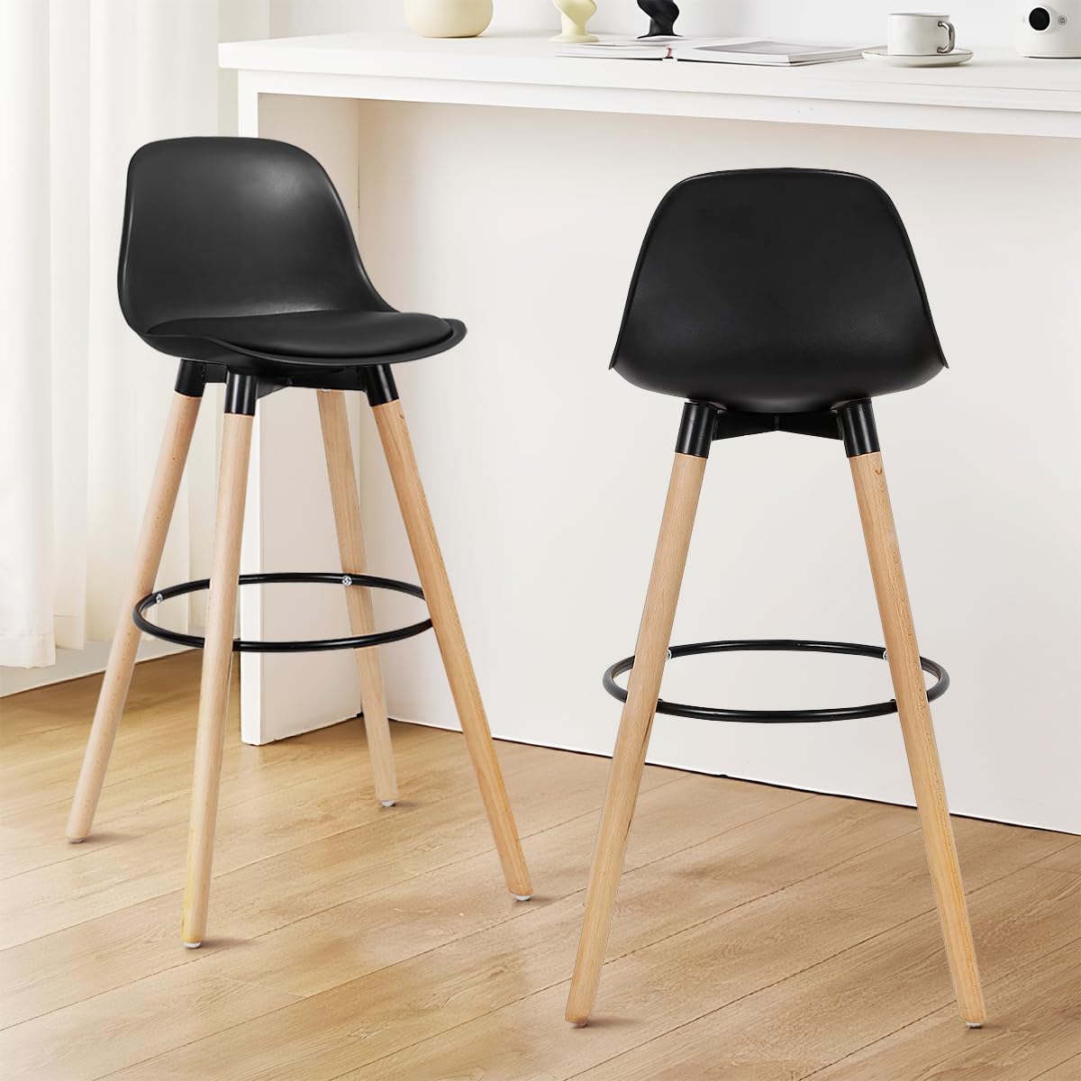 Counter Height Bar Stools Set of 2, Modern BarStools with Wood Legs, Ergonomic Backrest Barstools for Kitchen Island Home Bar