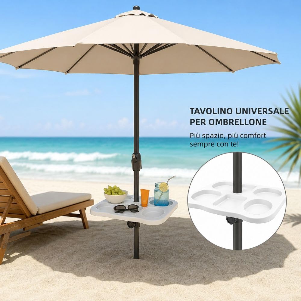 Tavolino Porta Oggetti per Ombrellone 35x35 cm – Tavolo Universale con Morsetto Regolabile 22-40 mm
