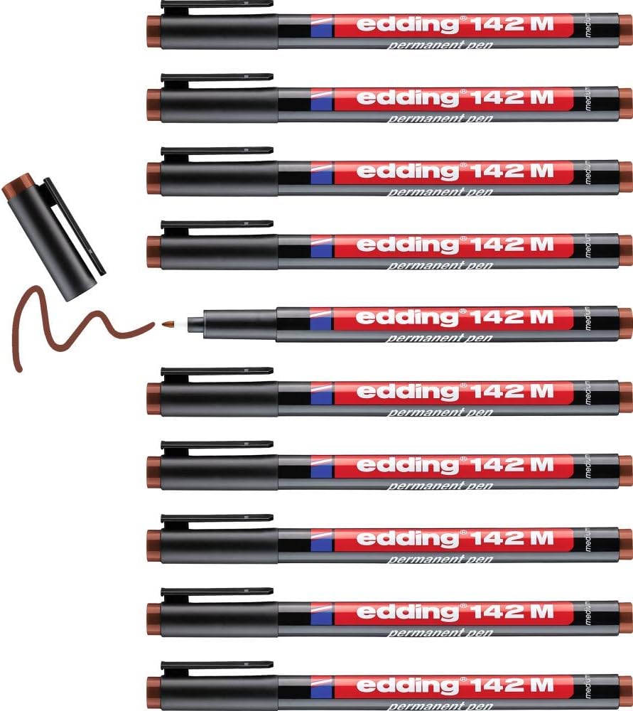 edding 142 M permanent pen - brown - 10 pens - round nib 1 mm - pen for writing on glass, plastic, foils and smooth surfaces - permanent, quick-drying, smudge-proof and waterproof