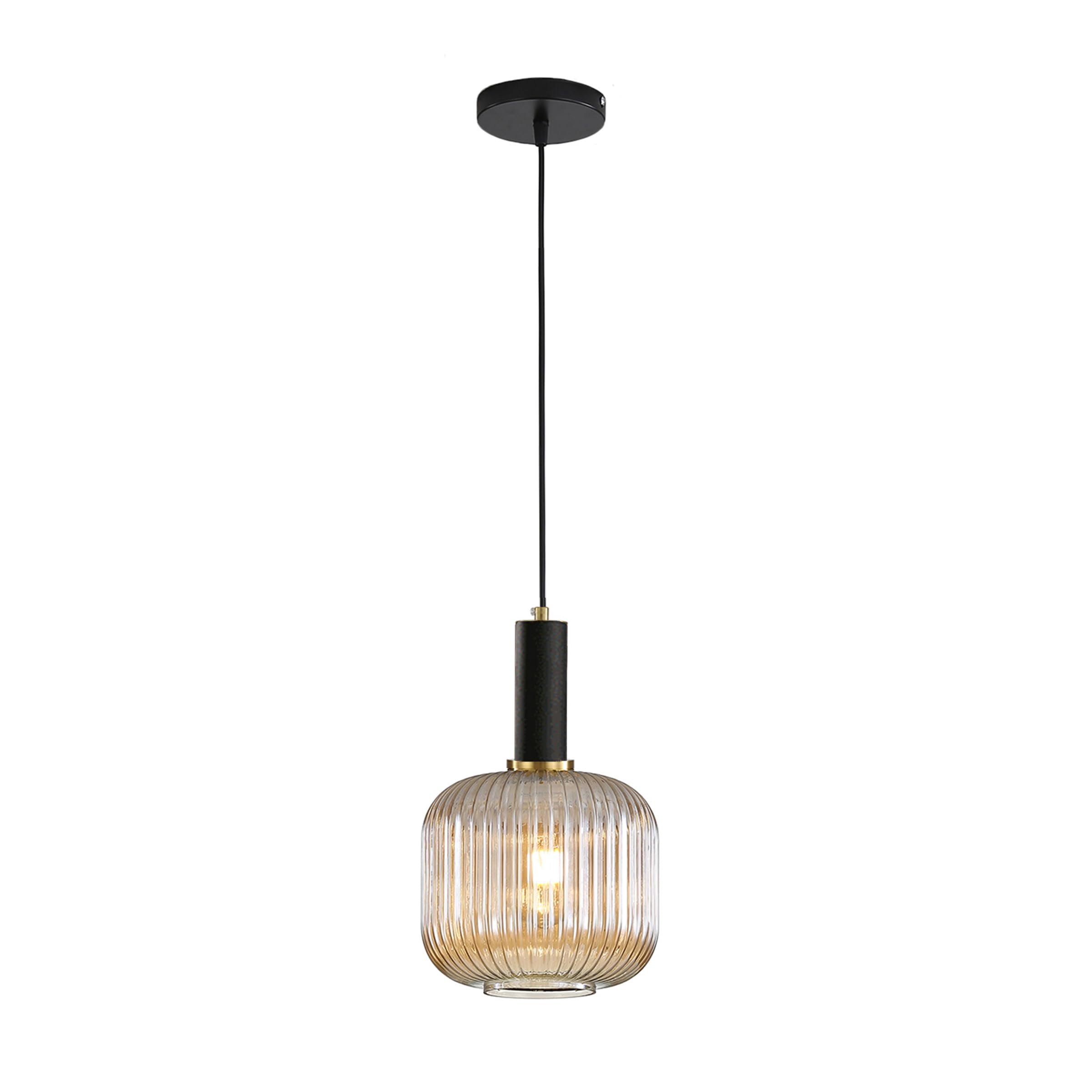 EKSED Lampadario Moderno in Vetro Rigato con Attacco E27, Lampada a Sospensione per Isola Cucina, Sala da Pranzo e Camera da Letto (Ambra, 20cm)