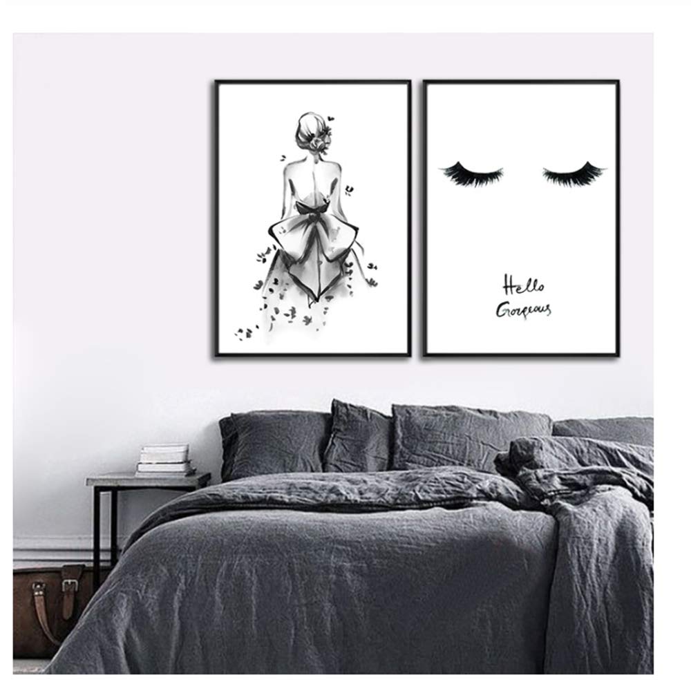 Cuadro en Lienzo HD Impreso Pared Acuarela Negra Chica y Sonrisa Lámina Cartel de la Pared Decoración enmarcada 60x80cm (23.6 "x31.5) x2 con Marco