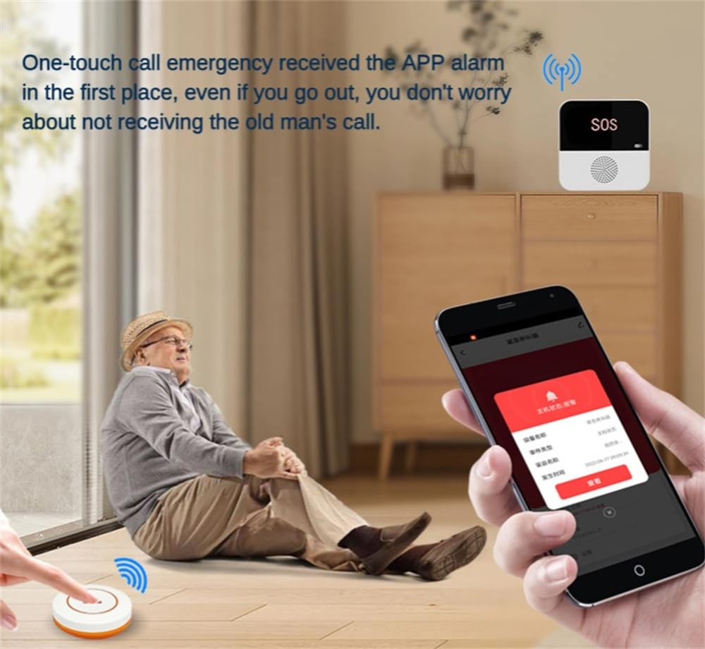 Pulsante Emergenza Anziani, 2.4GHz Wifi Wireless Salva Vita x Anziani con 5 SOS Anziani e 1 Ricevitore, Pulsante Salvavita Anziani Ricaricabile Built-in 12 Allarme Suono per Anziani Gravida