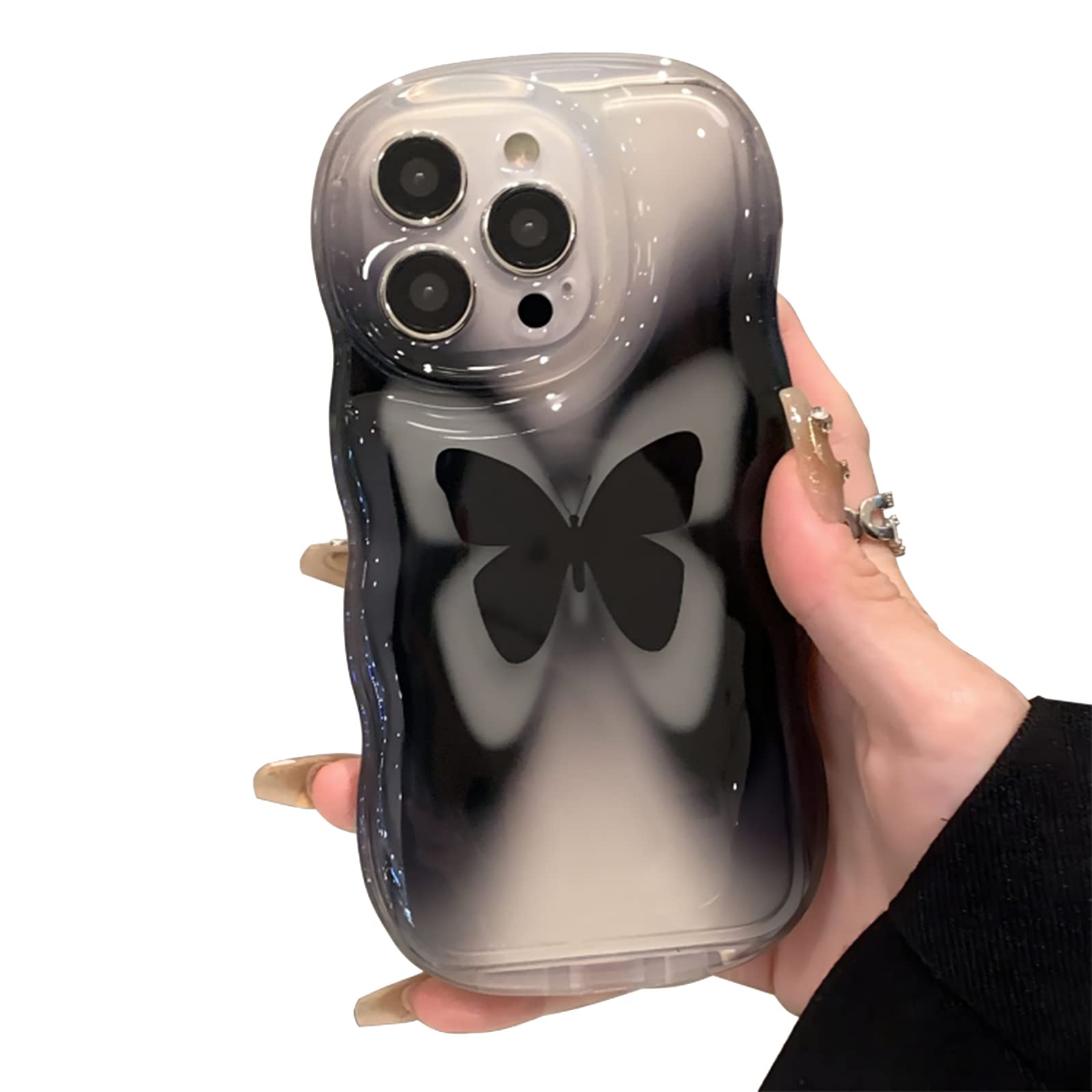 Axulimin for iPhone 14 Pro Max Case Cute Aesthetic Black Butterfly Clear Phone Case for Teen Girls Women [Camera Lens Protection][Wavy Frame]